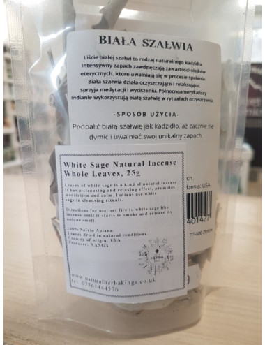 White Sage Natural Incense, Whole Leaves, 25g