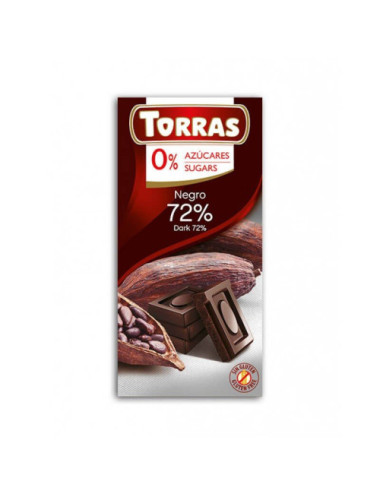 Dark Chocolate 72% Cocoa Without Sugar And Gluten 75g Torras