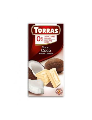 White Chocolate with Coconut 75g, Sugar and Gluten Free, Torras