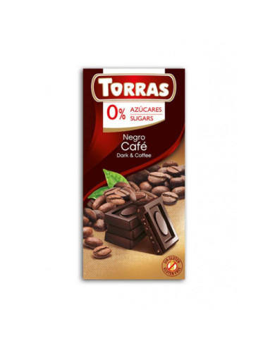 Dark Chocolate with Coffee Beans 75g, Sugar and Gluten Free, Torras