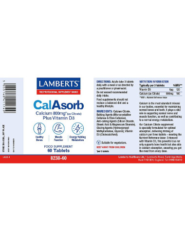 CalAsorb®- Calcium 800mg Calcium (as citrate) with Vitamin D3 Lamberts