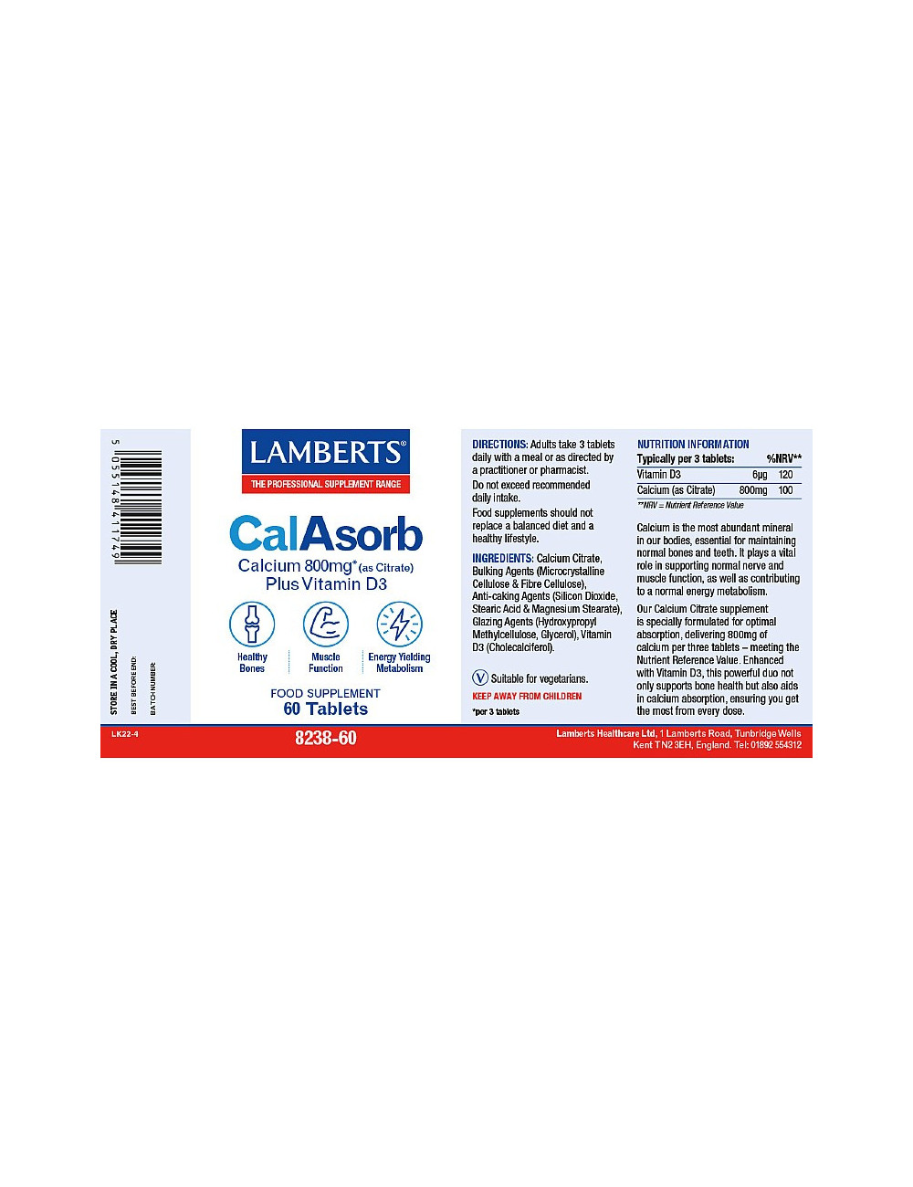CalAsorb®- Calcium 800mg Calcium (as citrate) with Vitamin D3 Lamberts
