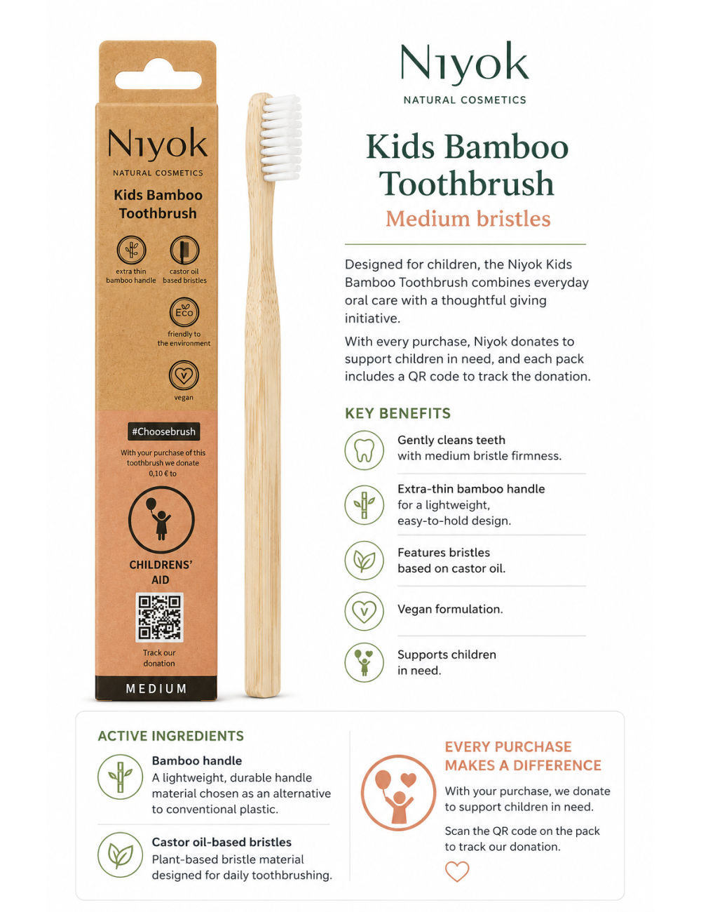 Niyok Kids Bamboo Toothbrush Medium bristles