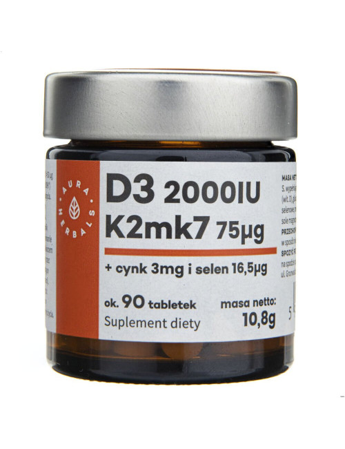 Vitamin D3 2000IU + K2mk7 + Zinc + Selenium 90 tablets Aura Herbals