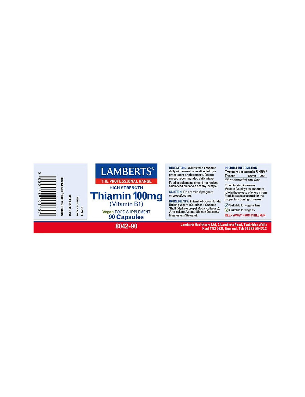 Thiamin 100mg (Vitamin B1) 90 capsules Lamberts