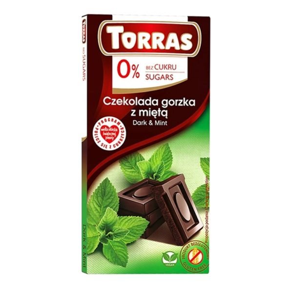 Dark Chocolate with Mint 75g, Sugar and Gluten Free, Torras