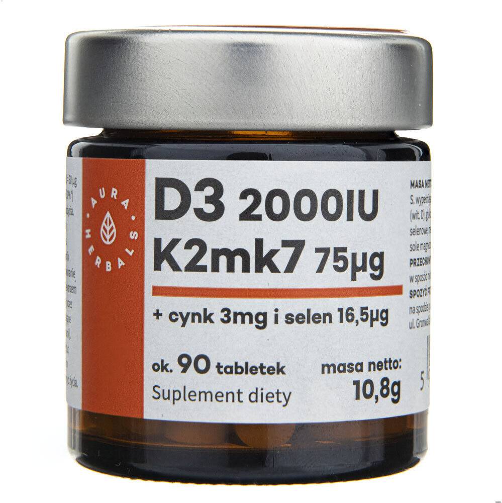 Vitamin D3 2000IU + K2mk7 + Zinc + Selenium 90 tablets Aura Herbals