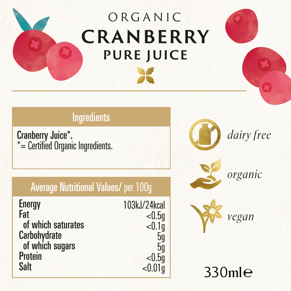 Label for Organic Cranberry Pure Juice with cranberries and nutrition table; dairy-free, organic, vegan; 330 ml shown.