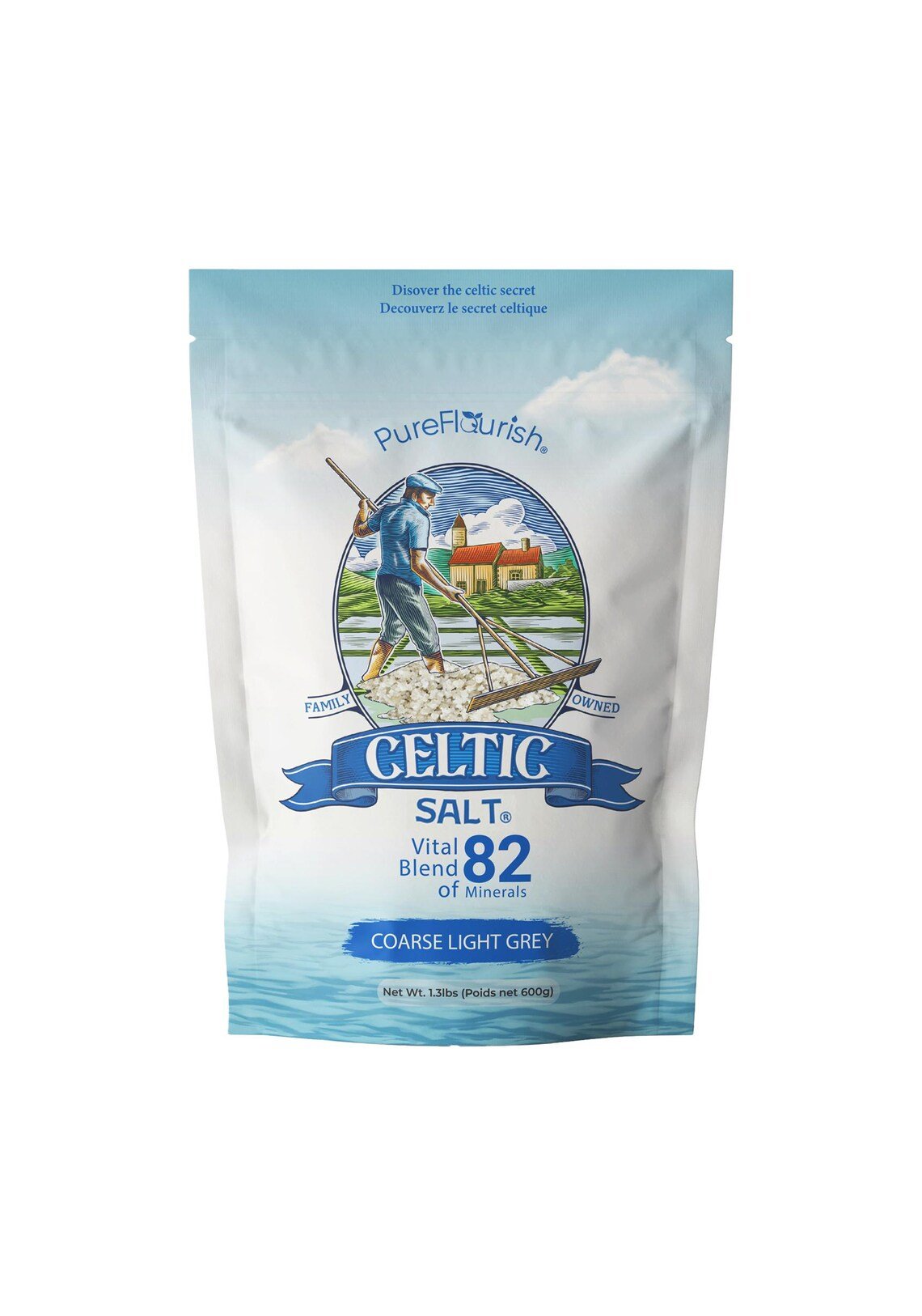 Bag of Celtic Salt, coarse light grey sea salt in a blue-and-white package with a salt-harvesting scene and logo.”]("" )
